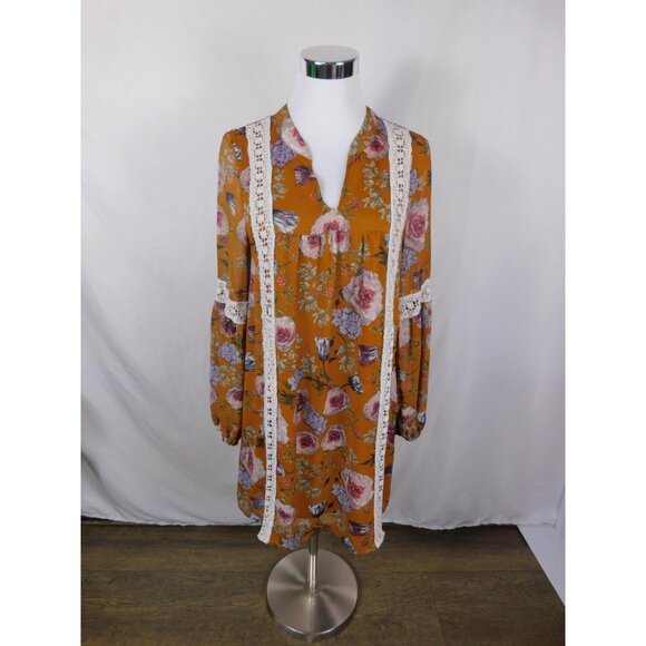 Entro Tunic Dress Womens Small Mustard Floral Boho Lace Trim Long Sleeve Lined - Picture 1 of 12